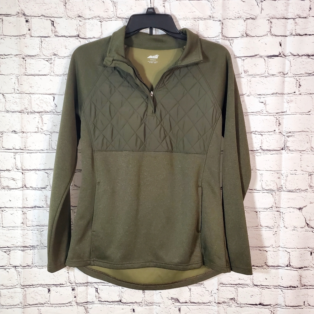 Avia Army Green Quilted Quarter Zip Pullover Athletic Top Size S